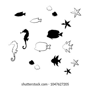 vector outline illustration of sea creatures