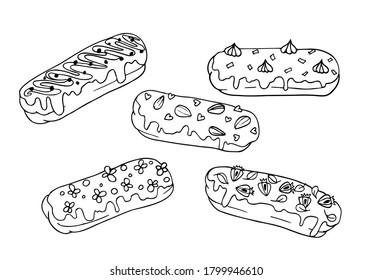 Vector outline  illustration set. 
French sweet tasty eclair pastries with glaze and different flavors. Decorated with hearts almond leaves cream and flowers