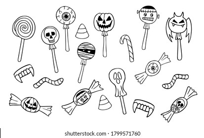 Vector outline illustration set. Halloween trick or treat sweets - candy, lollipops, jelly. Eyeballs, pumpkins, skulls, bat, worms, mummy, vampire fangs. Coloring page