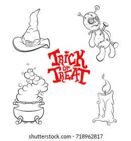 Vector outline illustration of a set for Halloween on a white background. Candle, witch hat, pot for potions, voodoo doll.