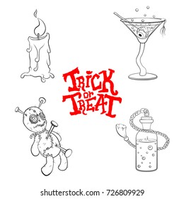 Vector outline illustration of a set for Halloween on a white background. A bottle of potion, a candle, a glass with an eye, a voodoo doll