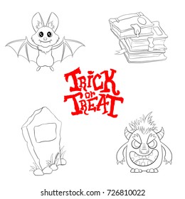 Vector outline illustration of a set for Halloween on a white background. A bat, a tombstone, a monster, books