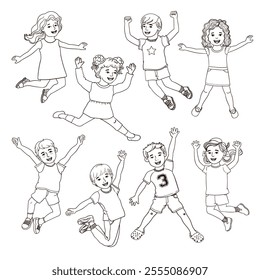 Vector Outline Illustration Set of Happy Children Jumping Isolated on White Background