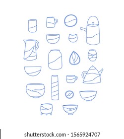 Vector outline illustration. Set of modern decorative ceramic crockery. Kitchen ware. Teapots, cups, bowls, pitchers, plates. All elements are isolated on white background.