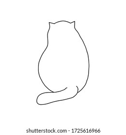 Vector outline illustration of a simple cute funny sitting cat view from behind, hand drawn doodle cartoon image on the white background