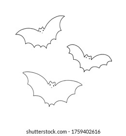 Vector outline illustration of a simple fancy Halloween bats set, isolated object on the white background, clipart useful for halloween party decoration, hand drawn image, cartoon spooky character