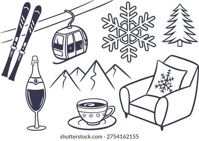 Vector outline illustration of skiing and winter vacation elements. Skis, cable car, champagne, snowflake, mountains, armchair, coffee.