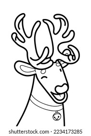 Vector outline illustration of smiling Santa's deer isolated on a white background. Coloring page with a Christmas symbol for the design of a children's book.