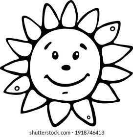 Vector Outline Illustration Smiling Sun. Cartoon Doodle Style Hand Drawn Sun For Coloring Book