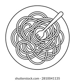 Vector outline illustration of spaghetti on a plate with a fork
