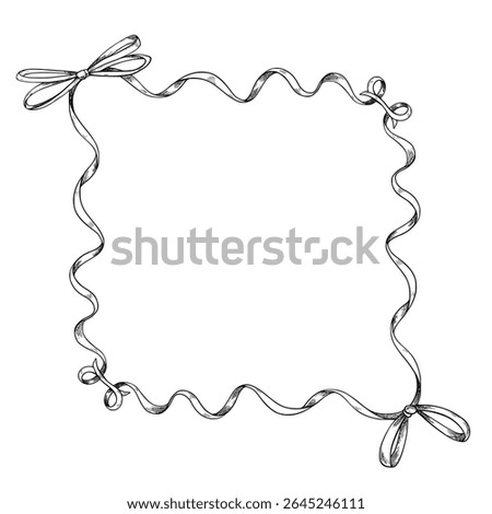 Vector outline illustration of square Ribbon Frame with bows in corners. Linear hand drawn drawing in black and white colors for packaging or stationery. Template for Baby shower or wedding cards.