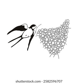 Vector Outline Illustration of a Swallow Builds a Nest Isolated on White Background