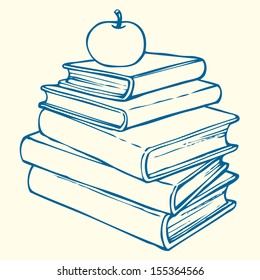 Vector outline illustration. Symbol of knowledge: an apple on top of a pile of books