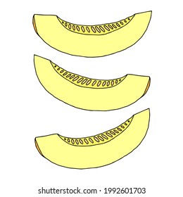 A Vector outline illustration of three yellow slices fresh melon with seeds isolated on a white background