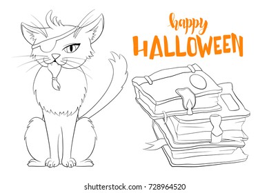 Vector outline illustration of a tom cat and books for Halloween on a white background