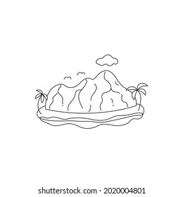 Vector outline illustration of tropical island with hill or mountain, water and palms. Mini landscape scene.