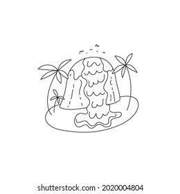 Vector outline illustration of tropical island with waterfall and palms. Mini landscape scene.