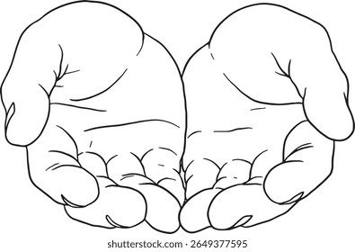 Vector outline illustration of two cupped hands, palms facing up, forming a receiving or giving gesture. Ideal for concepts of offering, charity, care, holding, or protection.
