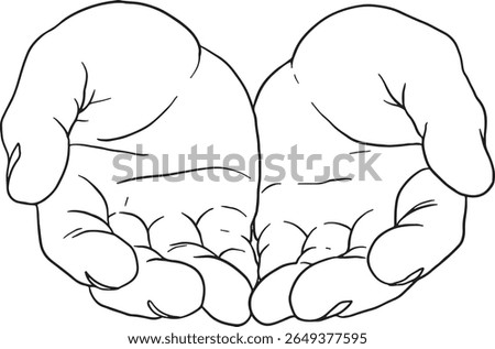 Vector outline illustration of two cupped hands, palms facing up, forming a receiving or giving gesture. Ideal for concepts of offering, charity, care, holding, or protection.