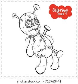 Vector outline illustration of a voodoo doll for Halloween on a white background.