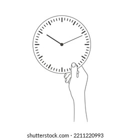 Vector outline illustration of a watch in the hand. Flat line concept of plan deadline and time management. Business strategy of control clock timer. Icon of hour optimization and organization alarm