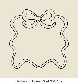 Vector outline illustration of wavy outline bow in coquette aesthetic. Frame template with hand drawn ribbon. Holiday clipart in vintage sketch style