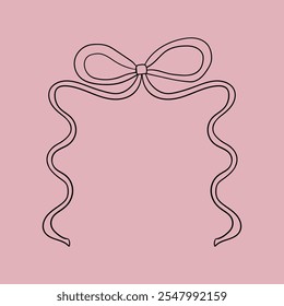 Vector outline illustration of wavy outline bow in coquette aesthetic. Greeting card template with hand drawn ribbon. Holiday clipart in vintage sketch style