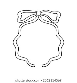 Vector outline illustration of wavy outline bow in coquette aesthetic. Greeting card template with hand drawn ribbon. Holiday clipart in vintage sketch style