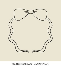 Vector outline illustration of wavy outline bow in coquette aesthetic. Greeting card template with hand drawn ribbon. Holiday clipart in vintage sketch style