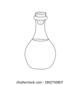 Vector outline illustration of witch poison bottle, fiol for making magic, cooking a potion, simple doodle hand drawn image, black and white drawing for Halloween holiday celebrations