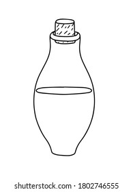 Vector outline illustration of witch poison bottle, fiol for making magic, cooking a potion, simple doodle hand drawn image, black and white drawing for Halloween holiday celebrations