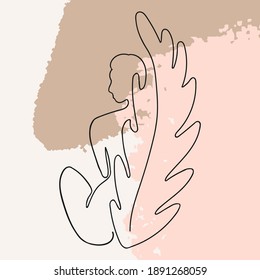 Vector outline illustration of woman body on abstract paint background. One line drawing. Use it as greeting card, poster, banner, social media post, fashion print, invitation, sale, brochure