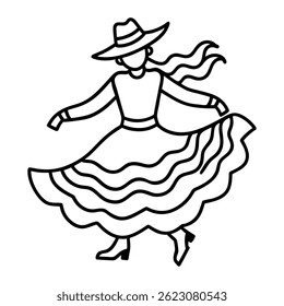 Vector outline illustration of a woman dancing in a traditional dress with a hat in black and white style