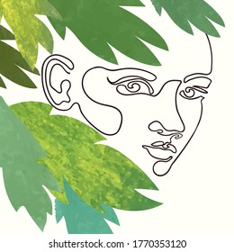 Vector outline illustration of woman face with exotic leaves. One line drawing. Greeting card, poster, banner, social media post, fashion print, invitation, sale, brochure