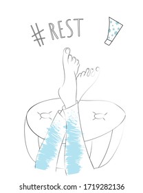 Vector outline illustration of woman's legs in blue jeans crossed over big poof. Hashtag rest and tube cream to illustrate concept of self care