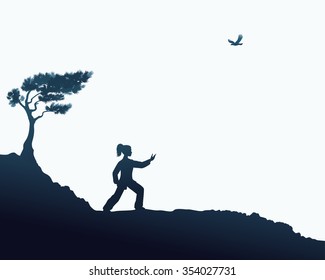 Vector outline illustration of yang woman performs Parting The Wild Horse's Mane Form of Tai Chi 