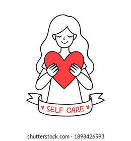 Vector outline illustration with young woman holding a big heart in hands. Line art with self-care or psychology health concept. Isolated design for social media, web banner, or sticker.
