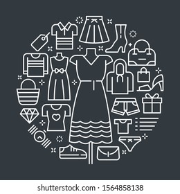 Vector outline illustrations related to clothes and fashion accessories. Vector line arts such as woman and man's fashion, accessories and other wearable device are included in this graphic elements.