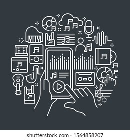 Vector outline illustrations related to music and sound. Vector line arts such as audio and music equipment, sound effect and other music related object are included in this graphic elements.