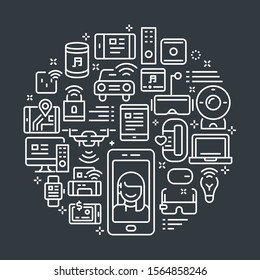 Vector outline illustrations related to smart device and gadget. Vector line arts such as smartphone, smart speaker, smart watch, smart glasses etc are included in this graphic elements.