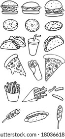 Vector outline illustrations set. Fast food. burger, donuts, tacos, milkshake, pizza slices, burrito, fries, hot dog, corn dog. 
American, mexican, italian cuisine
