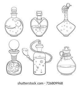 Vector outline illustrations set of a magic potion for Halloween on a white background.