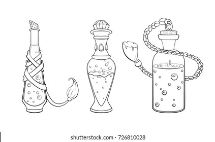 Vector outline illustrations set of a magic potion for Halloween on a white background.