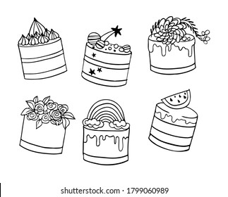 Vector outline illustrations set. Sweet tasty mini cakes decorated with cream, glaze, flowers, stars, planets, rainbow and watermelon piece. Coloring page