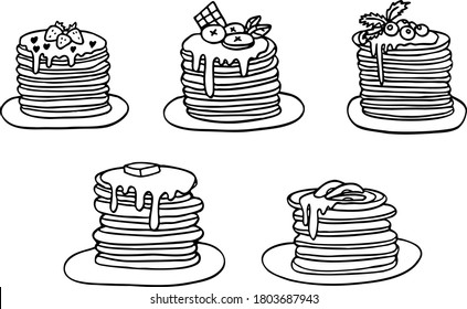 Vector outline illustrations set. Sweet tasty pancakes with syrup, fruits, berries and chocolate svg