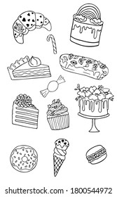 Vector outline  illustrations set. 
Sweets decorated with rainbow, flowers, cream, glaze, hearts, stars, strawberry. Croissant, cakes, candy, pie, macaroon, ice cream, cupcake, donut. Coloring page