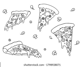 Conjunto de ilustraciones del contorno del vector. Deliciosas pizzas con queso fundido y diferentes sabores. Con 
champiñones, tomates, verduras, pimienta, aceitunas y pepperoni. página Colorante