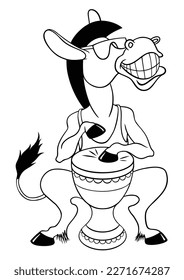 Vector outline image of a cartoon Donkey, isolated on white. Cartoon Donkey in sunglasses plays the djembe. Donkey drummer.