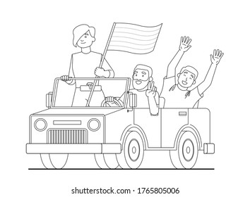 Imagen de perfil vectorial de personas en un auto con una bandera LGBT durante el mes del orgullo o desfile contra la violencia, discriminación. Igualdad y homosexualidad. Libro de coloración