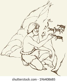 Vector outline image. Primitive old man in loincloth of furry animal skin draws in charcoal on stone wall of the cave paintings of everyday life: tribe hunters shoot bows in deer herd with young fawn 